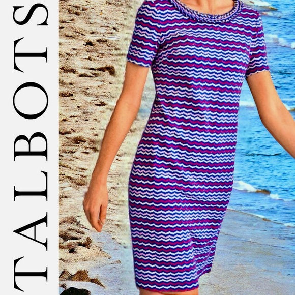 TALBOTS JERSEY KNIT RUFFLED NECK DRESS. PINK & PURPLE ZIG ZAG STRIPES. LIKE NEW - Picture 2 of 10